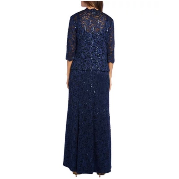R&M Richards Long Mock Lace Jacket Dress, Navy Evening Gown, Size 6 New w/Tag - Picture 6 of 11